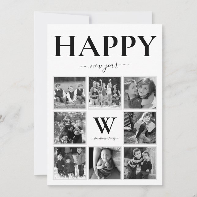 Cartes Pour Fêtes Annuelles Joyeux Nouvel An Photo Monogramme noir & blanc (Devant)