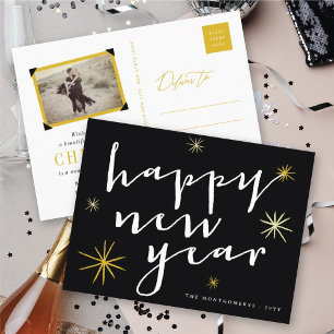 Cartes Pour Fêtes Annuelles Joyeux Nouvel An Script moderne Chic Gold Starburs