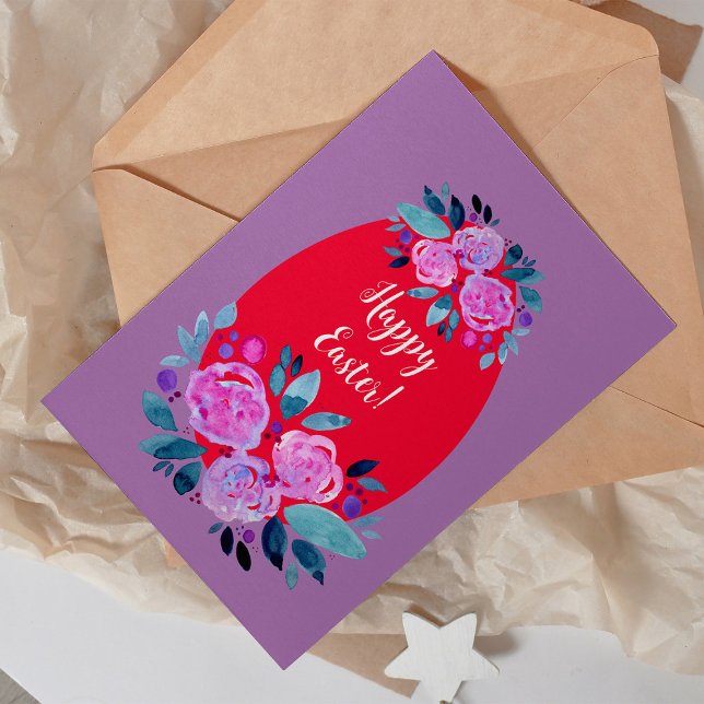 Cartes Pour Fêtes Annuelles Joyeux oeuf rouge fleuri à l'aquarelle de Pâques (Créateur téléchargé)