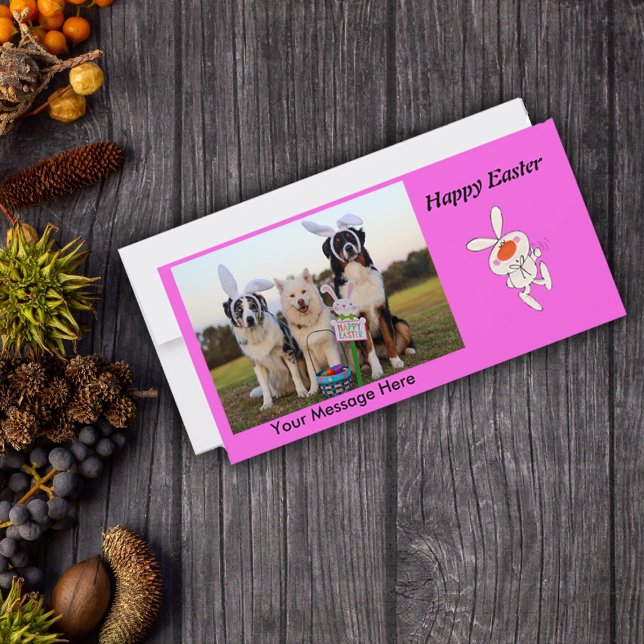 Cartes Pour Fêtes Annuelles Joyeux Pâques Danser mignon lapin blanc (Photo Easter greeting card upload your own photo.  Cute cartoon white Easter bunny on bright pink.)