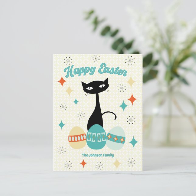 Cartes Pour Fêtes Annuelles Joyeux Pâques, Époque Atomique, Chat Moderne Du Mi (Debout devant)
