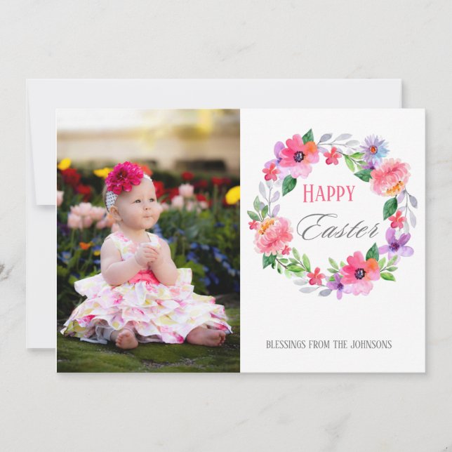 Cartes Pour Fêtes Annuelles Joyeux Pâques Floral Wreath Spring Photo (Devant)