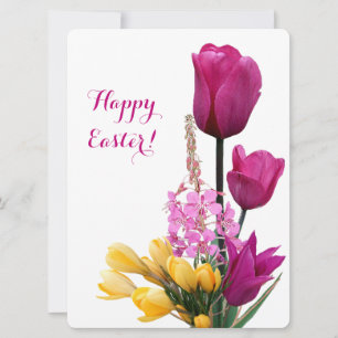 Cartes Pour Fêtes Annuelles Joyeux Pâques jolie tulipes roses crocus jaune amu