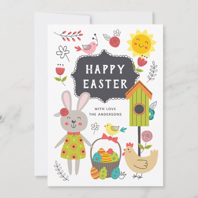 Cartes Pour Fêtes Annuelles Joyeux Pâques. Petits enfants dessin animé lapin e (Devant)