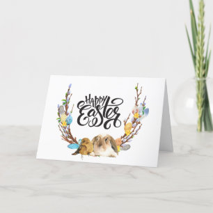 Cartes Pour Fêtes Annuelles Joyeux Pâques   Poule lapin avec branche de saule