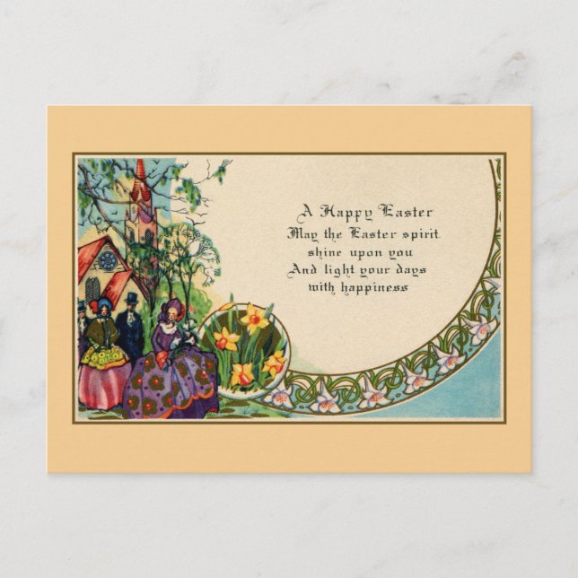 Cartes Pour Fêtes Annuelles Joyeux Pâques, victorien, peuple, église, vers (Devant)
