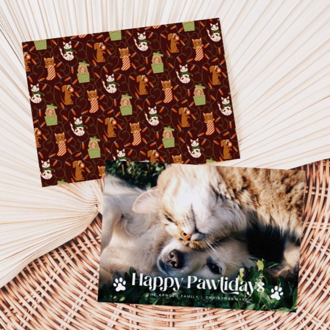 Cartes Pour Fêtes Annuelles Joyeux Pawlidays Chat Chien de Noël Photo Rouge (Créateur téléchargé)