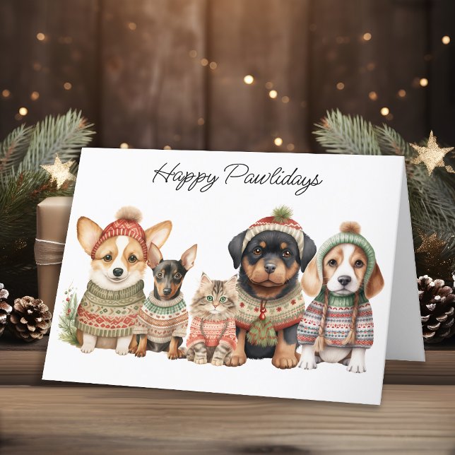 Cartes Pour Fêtes Annuelles Joyeux Pawlidays Noël mignon chien chat animaux (Créateur téléchargé)