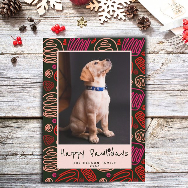 Cartes Pour Fêtes Annuelles Joyeux Pawlidays Rose Noir une ligne Chien Photo (Créateur téléchargé)