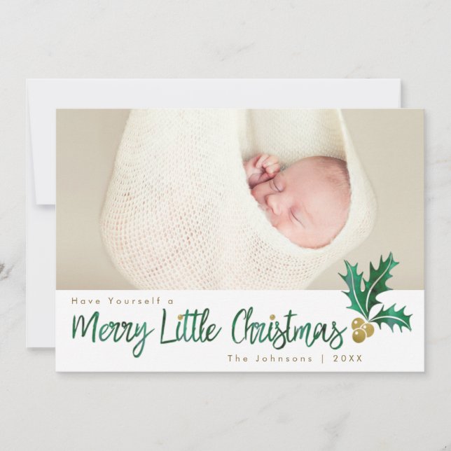 Cartes Pour Fêtes Annuelles Joyeux petit Noël Vert or Holly Aquarelle (Devant)