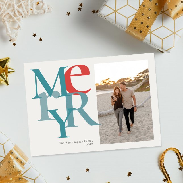 Cartes Pour Fêtes Annuelles Joyeux Photo simple plat rouge Turquoise (Créateur téléchargé)