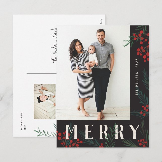 Cartes Pour Fêtes Annuelles Joyeux photo typographique Botaniques (Devant / Derrière)