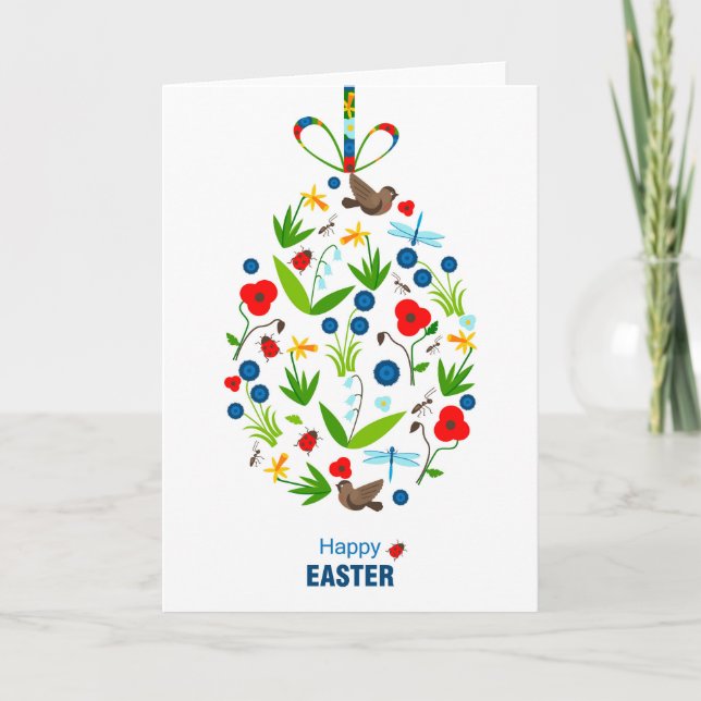 Cartes Pour Fêtes Annuelles Joyeux Poppies de Pâques Fleurs Ladybugs Oiseaux (Devant)