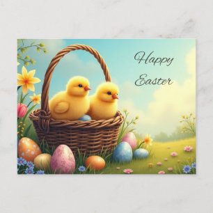 Cartes Pour Fêtes Annuelles Joyeux poulets Jaunes de Pâques dans le panier en