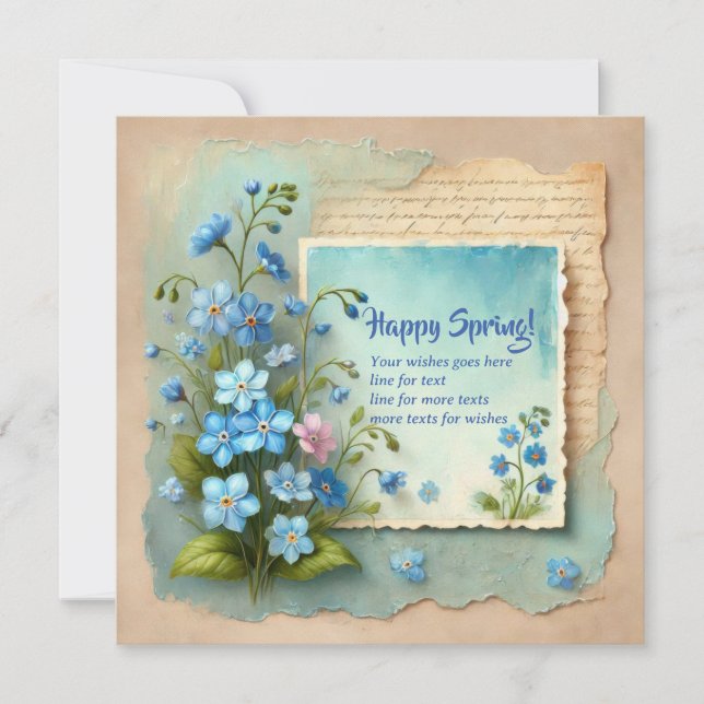 Cartes Pour Fêtes Annuelles Joyeux printemps avec des fleurs bleues d'oublier- (Devant)