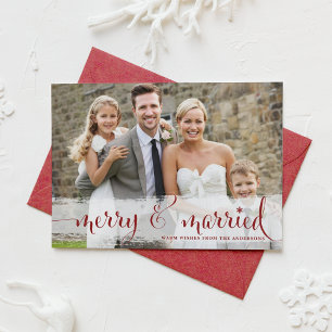 Cartes Pour Fêtes Annuelles Joyeux rouge et script marié photo de Noël