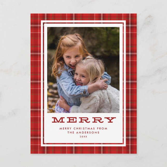 Cartes Pour Fêtes Annuelles Joyeux Rouge Plaid photo unique Noël (Devant)