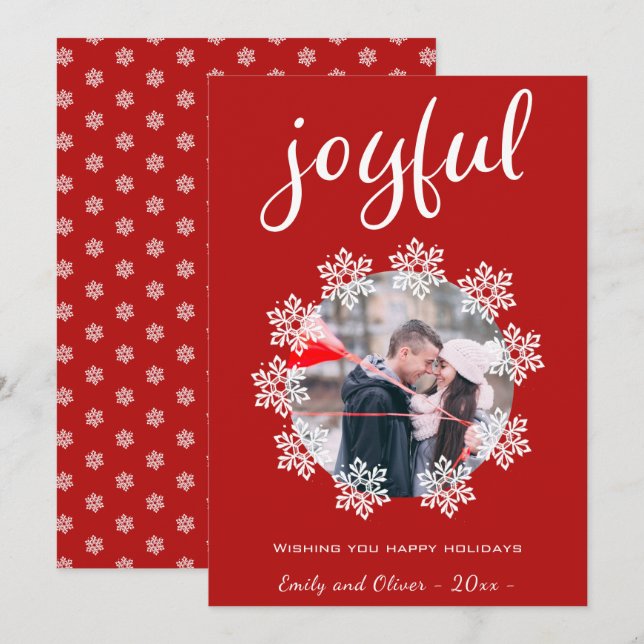 Cartes Pour Fêtes Annuelles Joyeux Rouge Script Snowflake Cadre photo (Devant / Derrière)