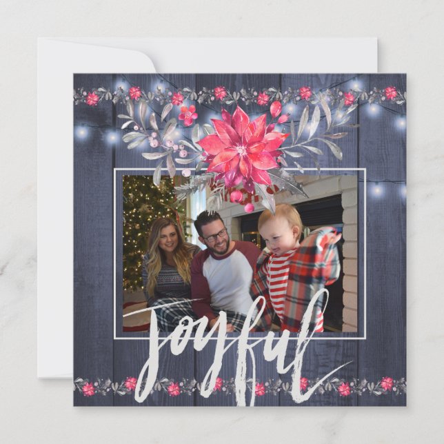Cartes Pour Fêtes Annuelles Joyeux Rustic Blue Grange Bois Noël 3 Photos (Devant)