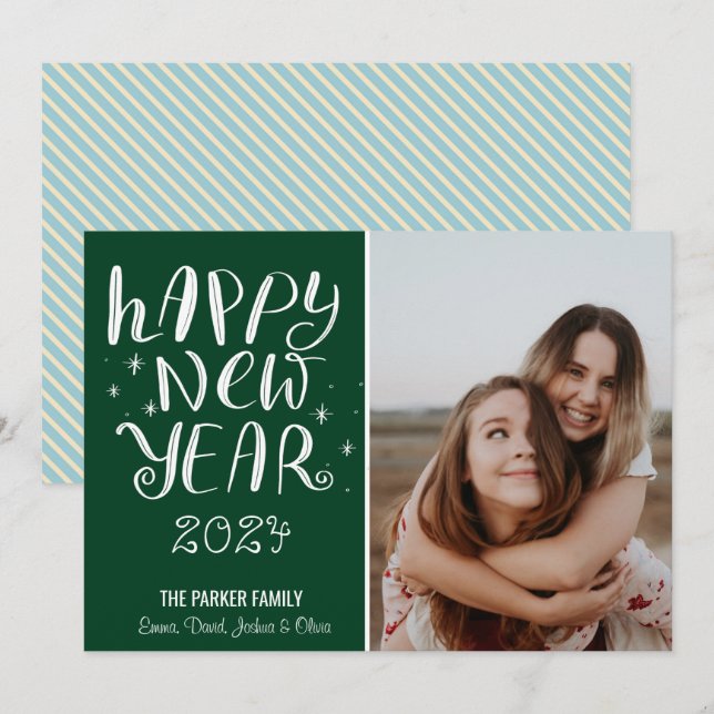 Cartes Pour Fêtes Annuelles Joyeux Script Bonne année Photo Mignonne Green Str (Devant / Derrière)