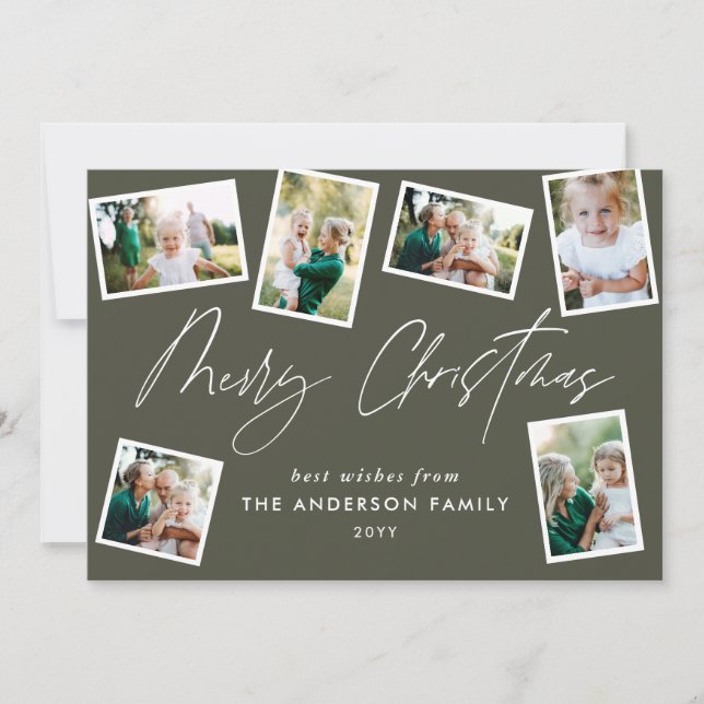 Cartes Pour Fêtes Annuelles Joyeux script de Noël moderne multi photo vert (Devant)