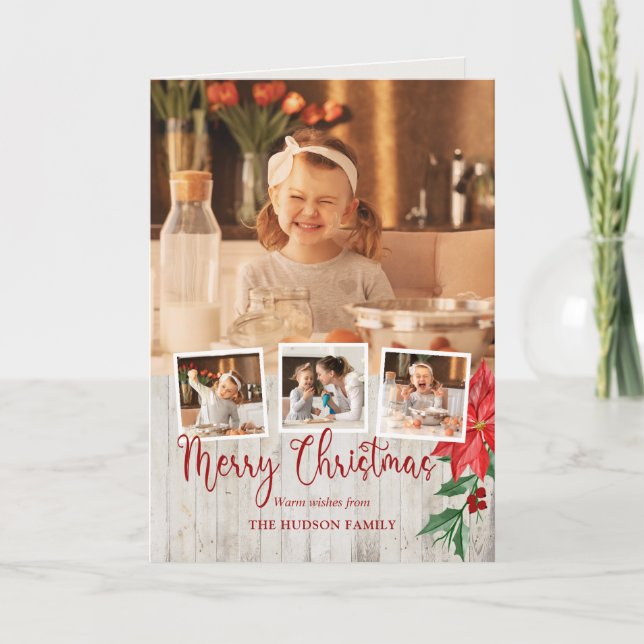 Cartes Pour Fêtes Annuelles Joyeux Script de Noël, Poinsettia, Rustique 4-Phot (Devant)