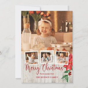 Cartes Pour Fêtes Annuelles Joyeux Script de Noël, Poinsettia, Rustique 4-Phot