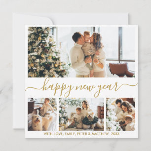 Cartes Pour Fêtes Annuelles Joyeux Script de Nouvel An Or Blanc 4 Photo Collag