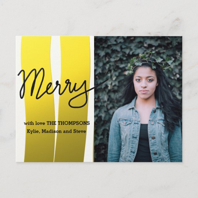 Cartes Pour Fêtes Annuelles Joyeux script moderne Gold Stripes Photo de vacanc (Devant)
