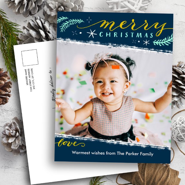 Cartes Pour Fêtes Annuelles Joyeux Script Noël sur Vert Simple Photo (Créateur téléchargé)
