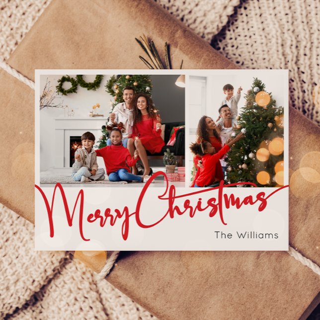 Cartes Pour Fêtes Annuelles Joyeux script rouge Noël Deux photos (Créateur téléchargé)