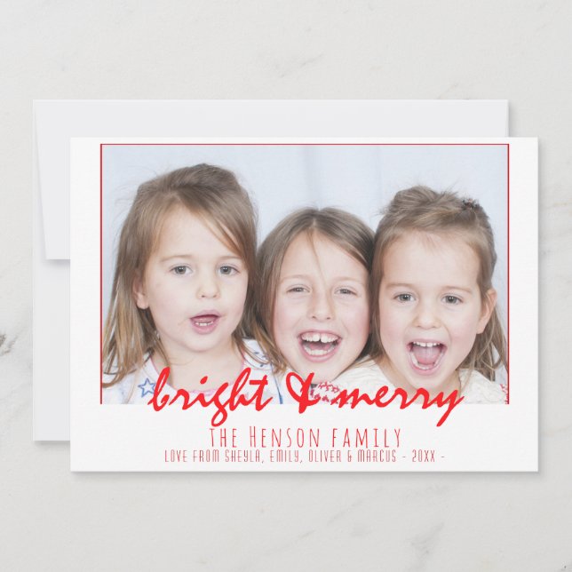 Cartes Pour Fêtes Annuelles Joyeux script rouge vif Famille Photo Noël (Devant)