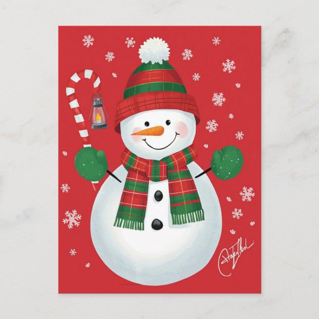 Cartes Pour Fêtes Annuelles Joyeux Snowman Plaid Scarf Rouge Noël (Devant)