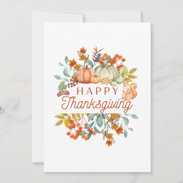 Cartes Pour Fêtes Annuelles Joyeux Thanksgiving Citrouilles Aquarelle, Baies  (Devant)