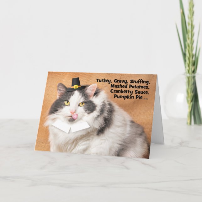 Cartes Pour Fêtes Annuelles Joyeux Thanksgiving Drôle Chat Gras dans Chapeau d (Devant)