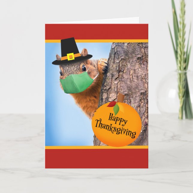 Cartes Pour Fêtes Annuelles Joyeux Thanksgiving Écureuil Mignon avec Masque Fa (Devant)