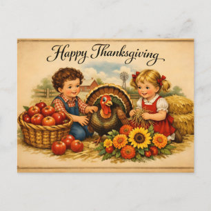 Cartes Pour Fêtes Annuelles Joyeux Thanksgiving Vintage Enfants et Dinde