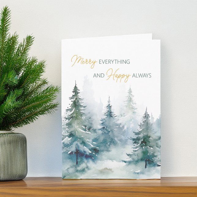 Cartes Pour Fêtes Annuelles Joyeux Tout Joyeux Happy Toujours Hiver Arbres (Merry Everything Happy Always Winter Trees Holiday Card)