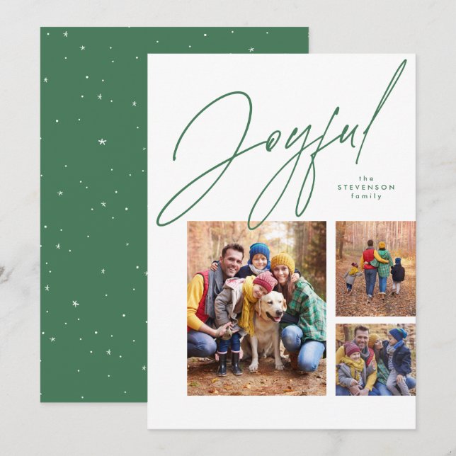 Cartes Pour Fêtes Annuelles Joyeux trois photo verte famille Noël (Devant / Derrière)