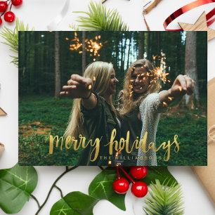 Cartes Pour Fêtes Annuelles Joyeux vacances Élégante Gold Script Photo