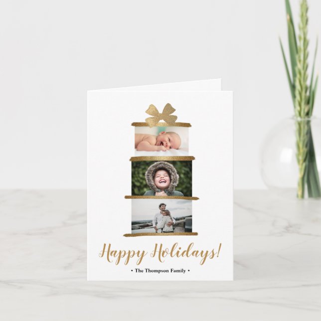 Cartes Pour Fêtes Annuelles Joyeux Vacances Famille Photo Gold Bow pile cadeau (Devant)