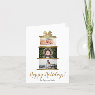 Cartes Pour Fêtes Annuelles Joyeux Vacances Famille Photo Gold Bow pile cadeau