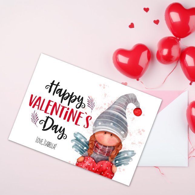 Cartes Pour Fêtes Annuelles Joyeux Valentines Jour Script Pun Gnome Avec Coeur (Créateur téléchargé)