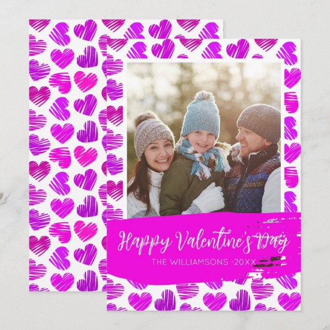 Cartes Pour Fêtes Annuelles Joyeux Valentines Moderne Purple Coeurs Rose Photo (Devant / Derrière)