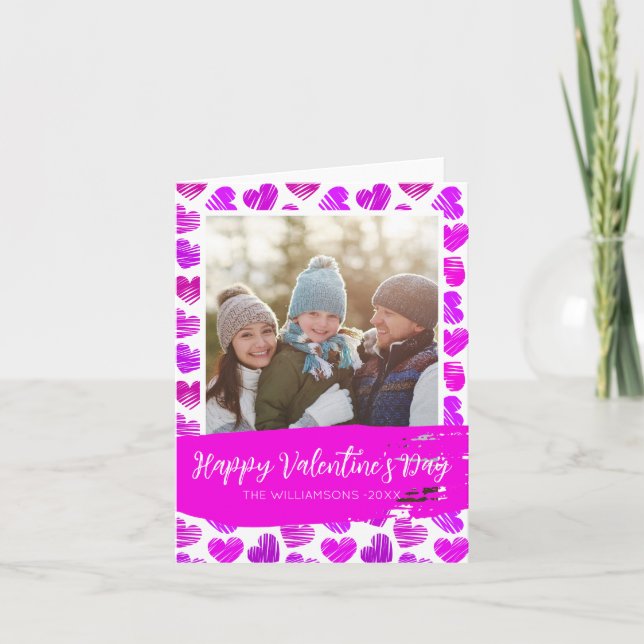Cartes Pour Fêtes Annuelles Joyeux Valentines Moderne Purple Coeurs Rose Photo (Devant)