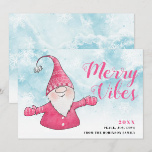 Cartes Pour Fêtes Annuelles Joyeux Vibes Snowy Blue mignon rose Gnome Noël