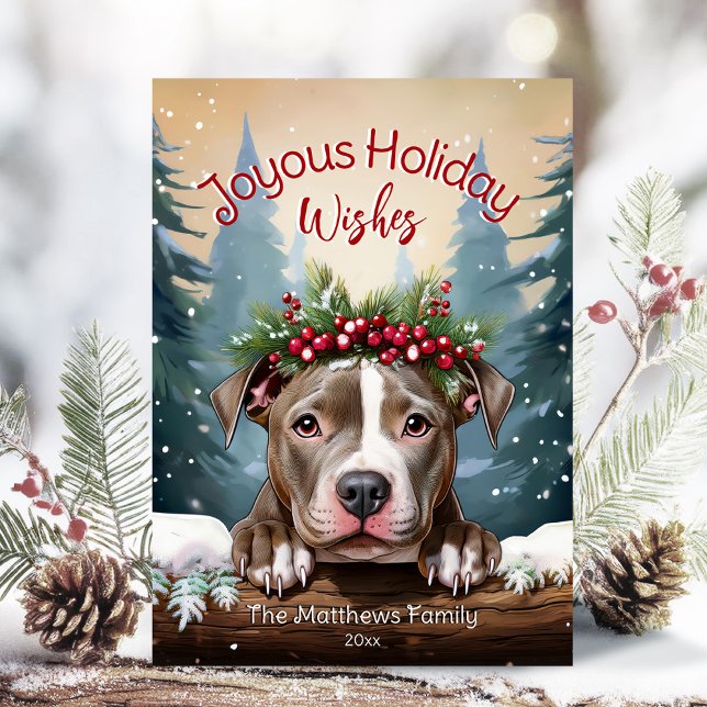 Cartes Pour Fêtes Annuelles Joyeux voeux hiver Wonderland American Pit Bull (Adorable Winter Snowy Scene With Peeking Dogs or Farm/Woodland Animals - Over 50 to Choose From!)