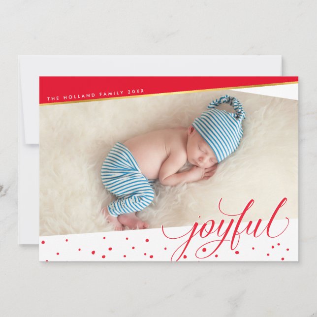 Cartes Pour Fêtes Annuelles JOYFUL CHRISTMAS PHOTO moderne calligraphie or rou (Devant)