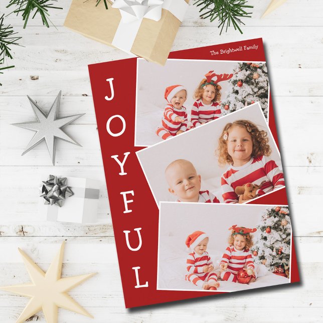 Cartes Pour Fêtes Annuelles Joyful Red 3 Family Photo Collage moderne Noël (Créateur téléchargé)