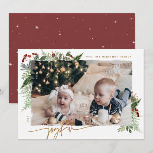 Cartes Pour Fêtes Annuelles JOYFUL Rustic Greenery Gold Sry Brush Effet photo